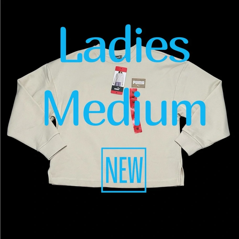 Women's PUMA Medium 8 10 Cream Fleece Sweatshirt Logo Crew Pullover Long Sleeve - Picture 3 of 12